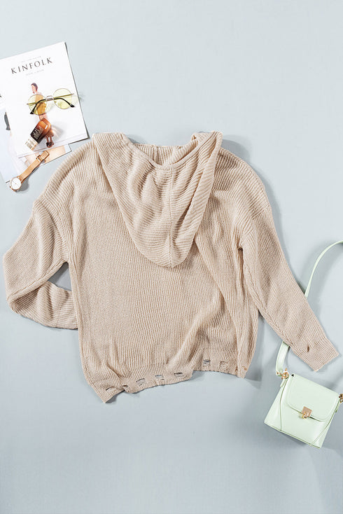 Zipper V-Neck Dropped Sleeve Hooded Solid Sweater